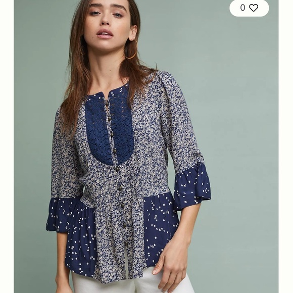 Maeve Tops - Maeve Anthropologie Navy Mixed-Print Crochet Blouse Polk dots peasant sleeve